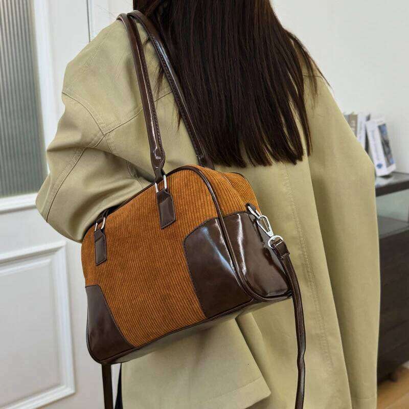 Corduroy Brand Boston Handbag Day Clutch Veet Shoulder For Women Trend Versatile Crossbody Bag Brown