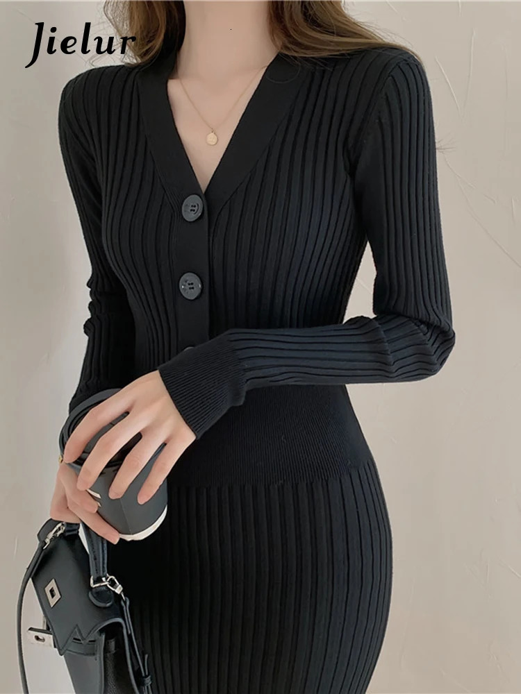 Jielur Vintage Knitted Long Sleeve Dresses Women Slim Bodycon Korean Elegant Dress Lady Winter Buttons V Neck Sweater Midi Dress 250806