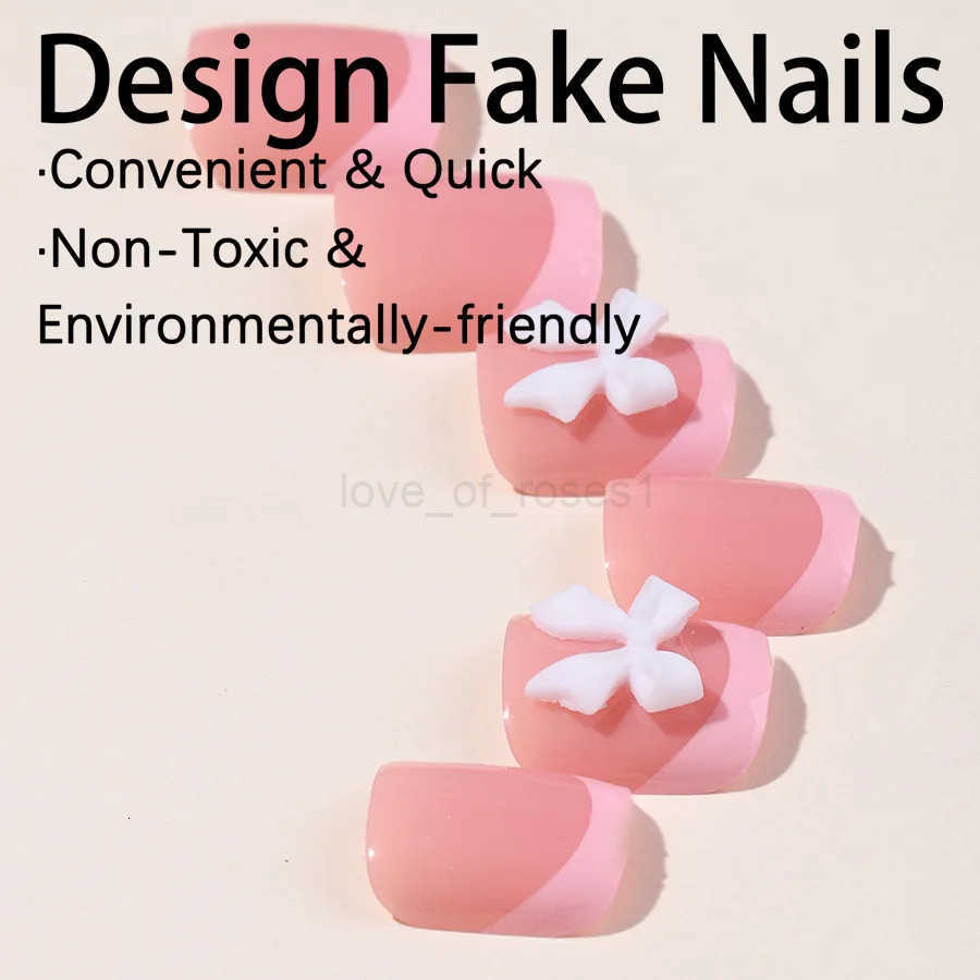 24pcs French Pink False Toenails White Bow Design Summer Press On Nails for Feet Wearable Square Fake Nails Patch Manicure Set Z250807
