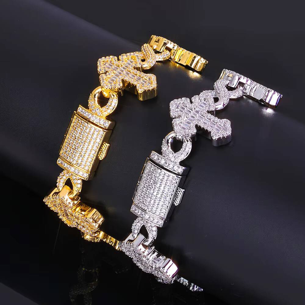 Fine Jewelry 15MM Iced Out Chain Gold Plated Flip Lock Cross 8 Character Infinity Charm Bling Moissanite Bracelet