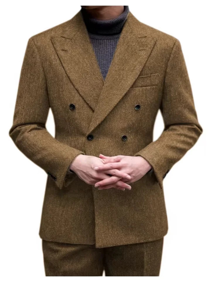 Premium Mens Grey Brown Herringbone Wool Suit 2Piece Set Double Breasted Jacket Tailored Pants for Business Wedding 250807
