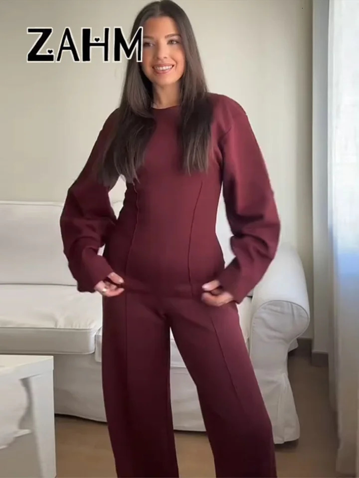 Casual Burgundy Pullover Pants Sets Women Slim O-neck Puff Sleeve Top Wide Leg Trousers 2025 Autumn Lady 2 Pieces Sets 250804