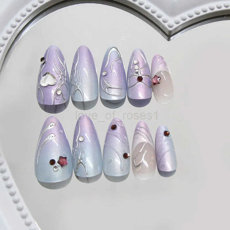 24pcs Colorful Aurora Fake Nail Press On Acrylic Nails Long Almond Wearable Cyber French False Nails 3D Silver Stripe Decoration Z250807