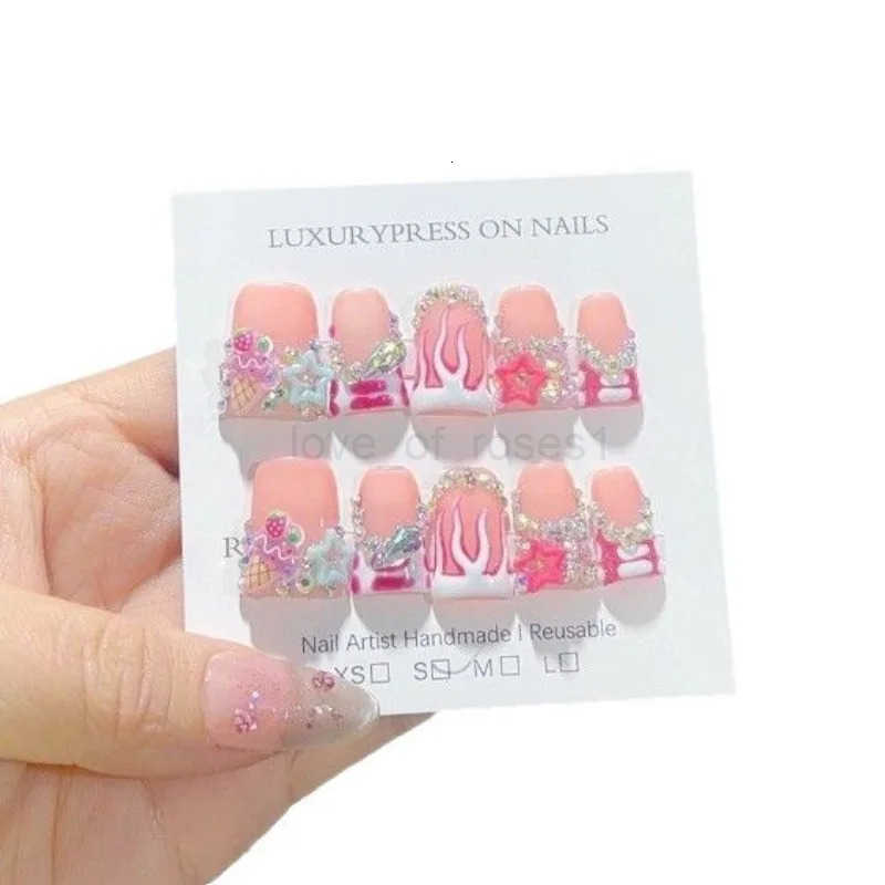 10Pcs Summer Trendy Handmade Duck Y2k Press-on Nails French Pink Sparkling Rhinestone Star Design False Short Nail Tips Z250807