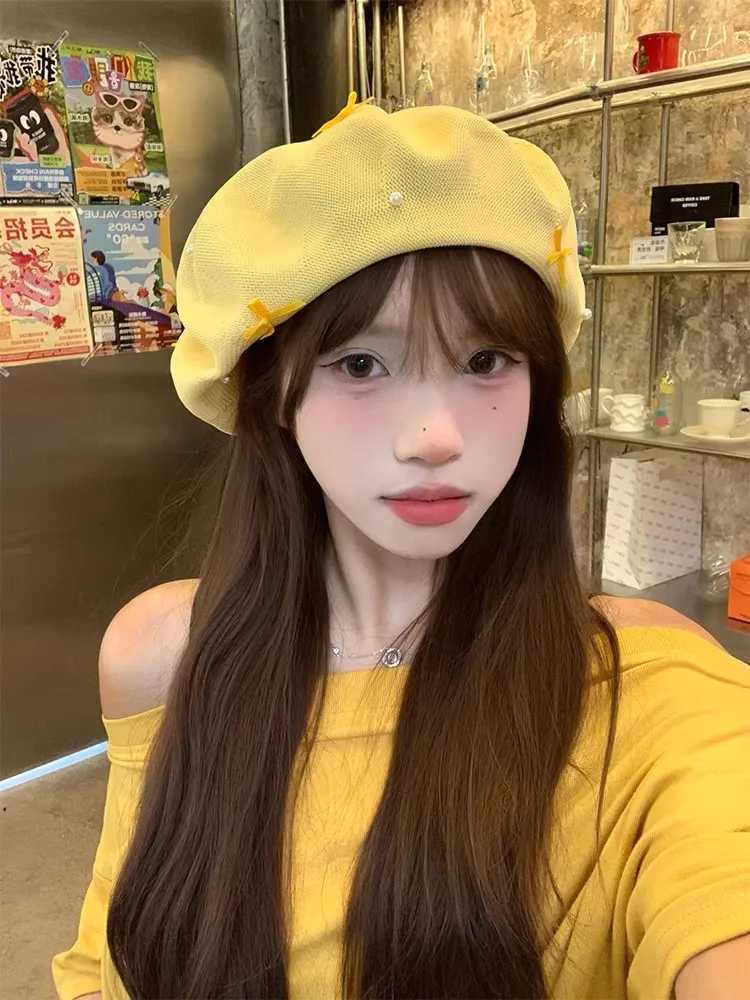Korean Sweet Bow Yellow Beret Womens Summer Thin Cut Hollow Breathable Face Enhancing Small Artist Hat Newsboy Hat XJ250807