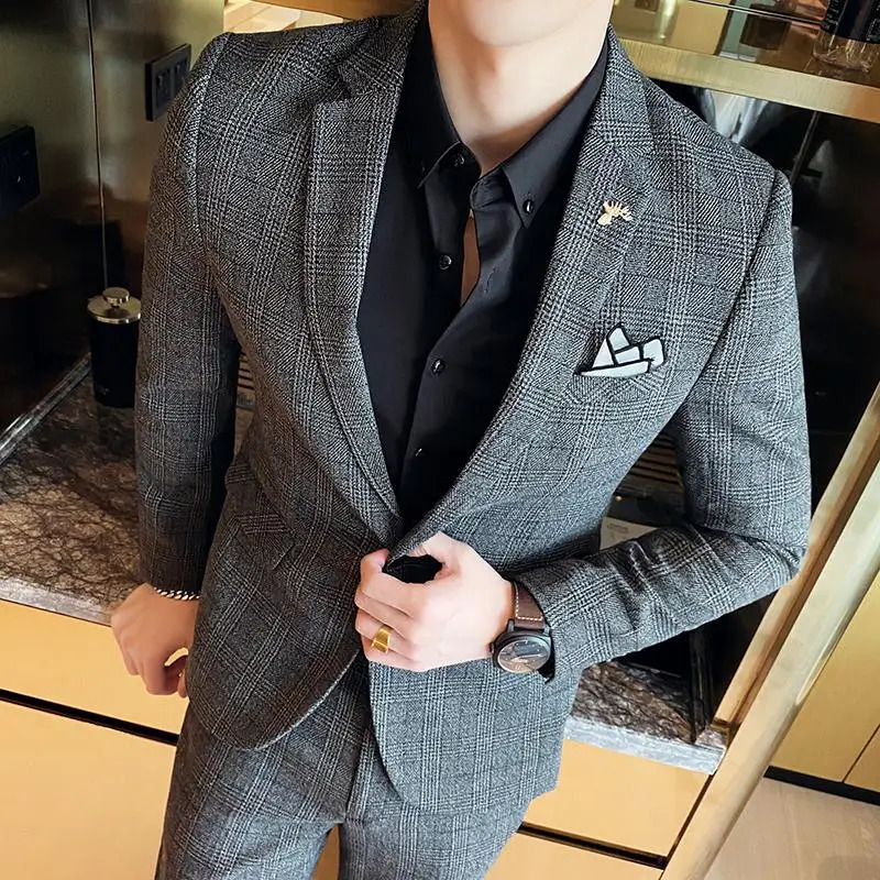 Mens Slim Fit Business Suit High Quality Boutique Fashion TwoPiece Set Handsome Trend Banquet Four Seasons Trousers Included 250807