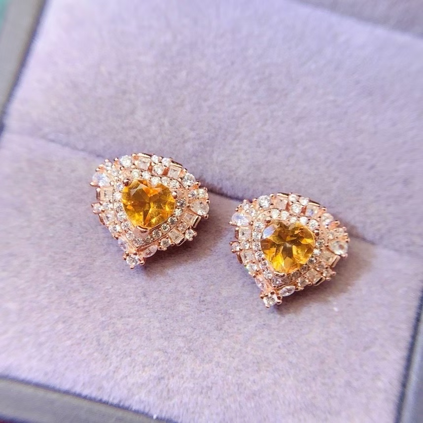 Cute 925 silver heart gemstone studs earrings 6mm VVS grade natural citrine stud earrings allergy free 18K gold plated yellow crystal silver jewelry