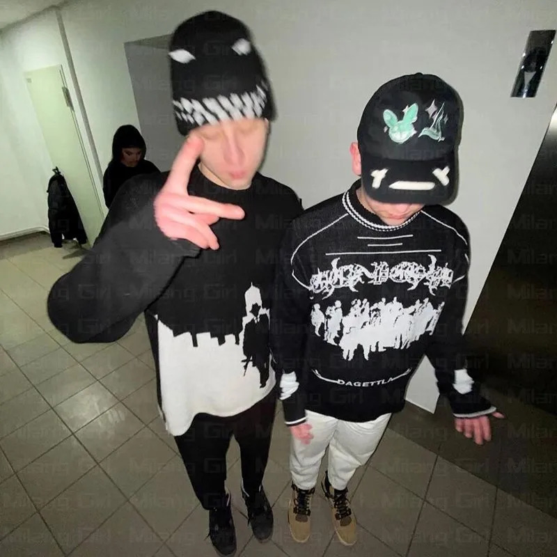 Hip Hop Streetwear Knitted Sweater Men Women Gothic Hassett Pattern Oversized Sweater Pullover Winter Harajuku Cotton sweater 250806
