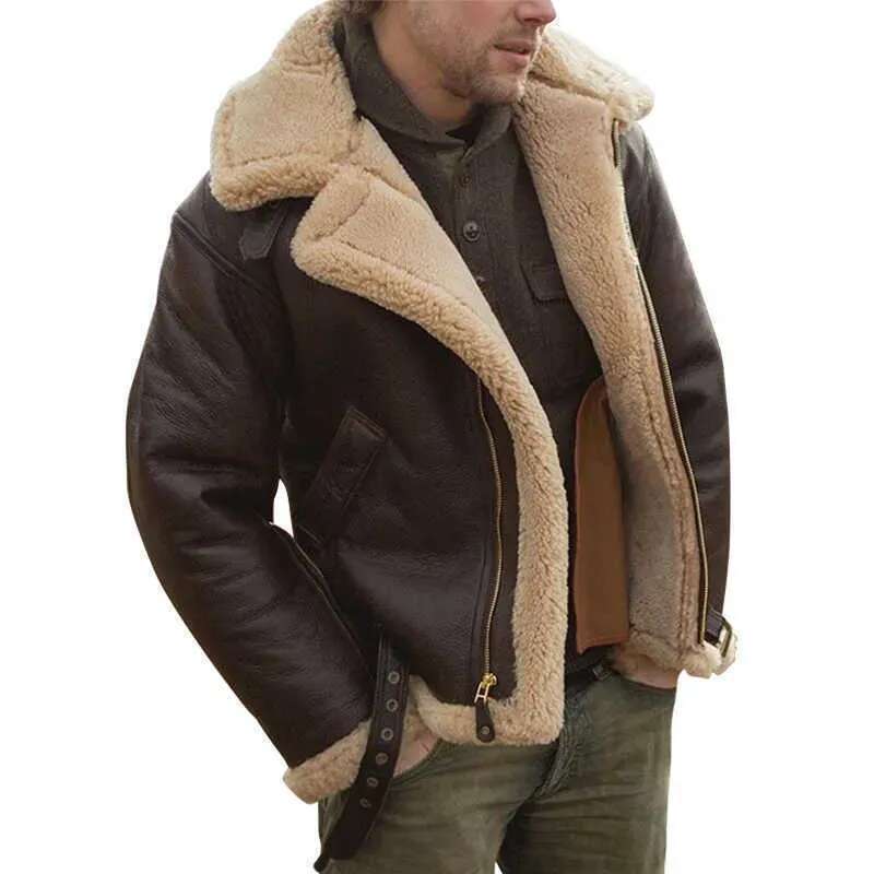 Men's Winter Men Faux Fur Jackets Solid PU Leather Warm Long Sleeve Fashion Soft Streetwear Coat Casual Thicken Outwear