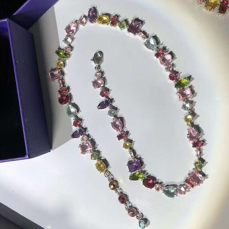 Sweet Style Candy Color Geometric Crystal Zircon Necklace Niche Girly Rainbow Choker Versatile Collarbone Chain Accessory