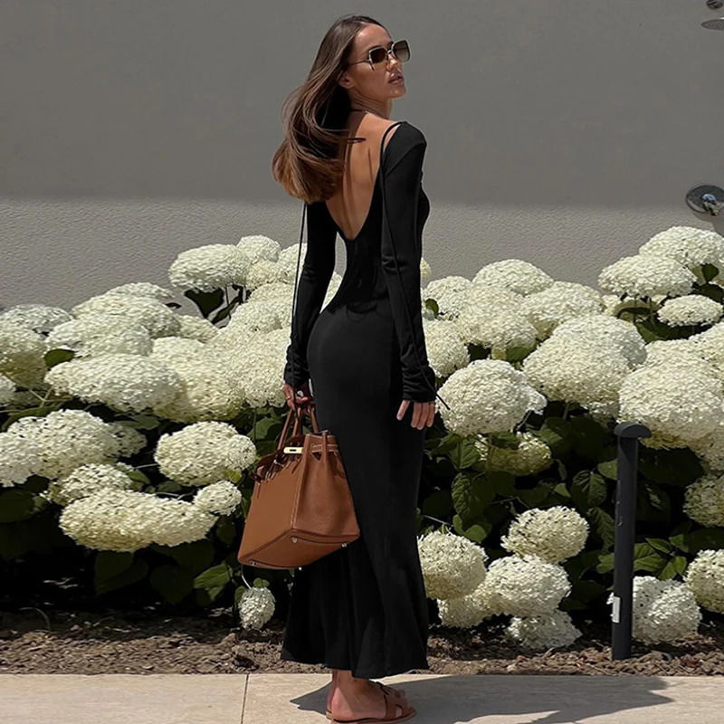 Autumn long skirt with fashionable temperament slightly transparent vacation sexy backless dress 250807