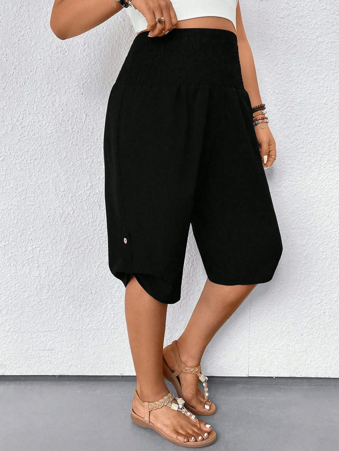 2025 Plus Size Fashion Selection Black Side Button Loose Mid Length Pants Sizes Available The HighWaisted n y250805