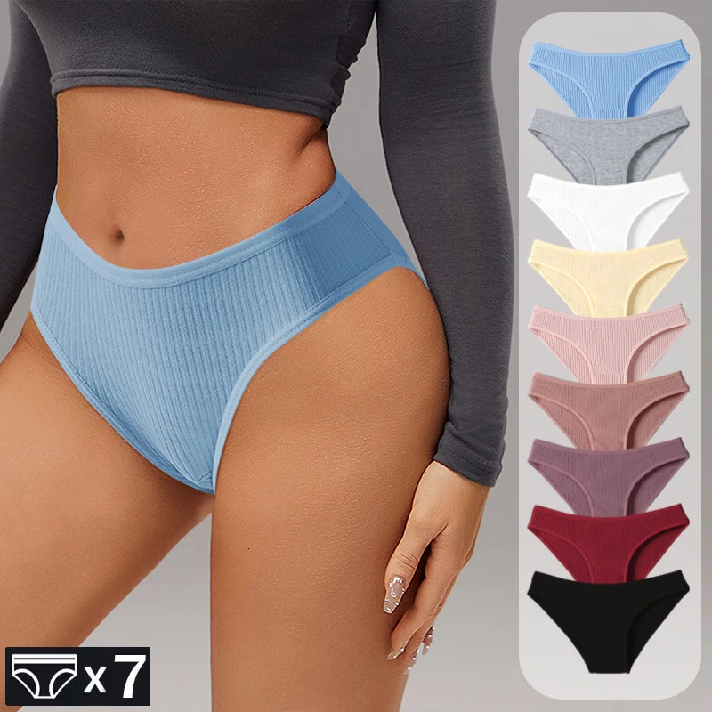 7Pcs Panties Striped Briefs for Women LowRise Breathable Cotton Female Soft Underwear Solid Colors Ladies Underpants 250807