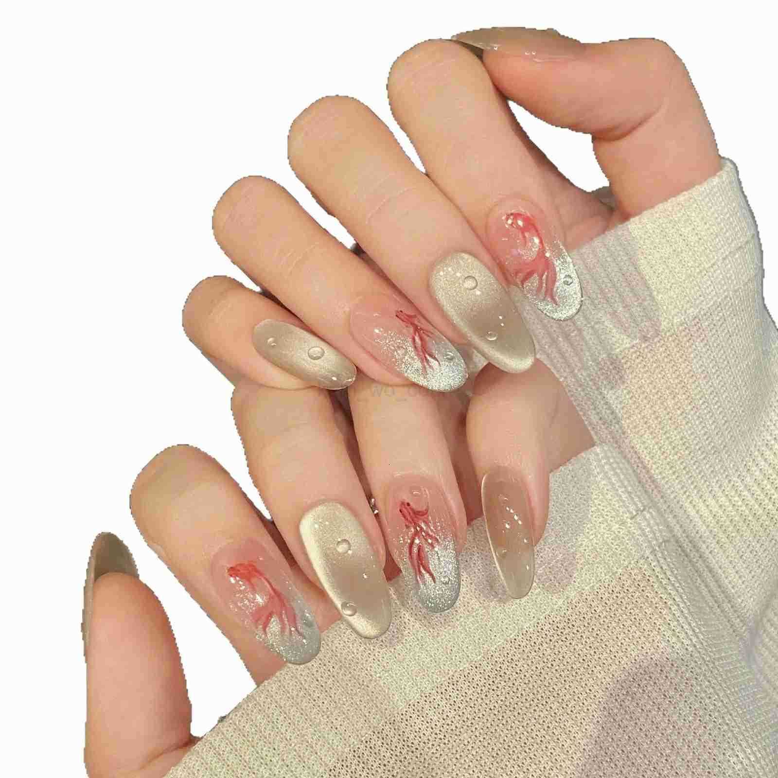 10pcs Glossy Almond Handmade Press On Nails Chinese Style Koi Fish Pattern Shiny Cats Eye False Nails Simple Fake Nails For Girls M250807