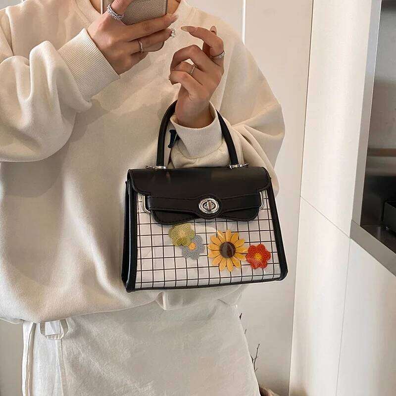 New Cute Plaid Print Crossbody Women S Clash Color Shoulder Textured Versatile Handheld Tote Bag