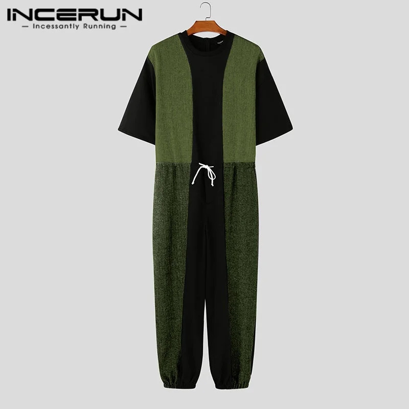INCERUN 2025 Korean Style Rompers Fashion Men Spliced Contrast n Overalls Casual Streetwear Male Loose Simple Jumpsuits 250804