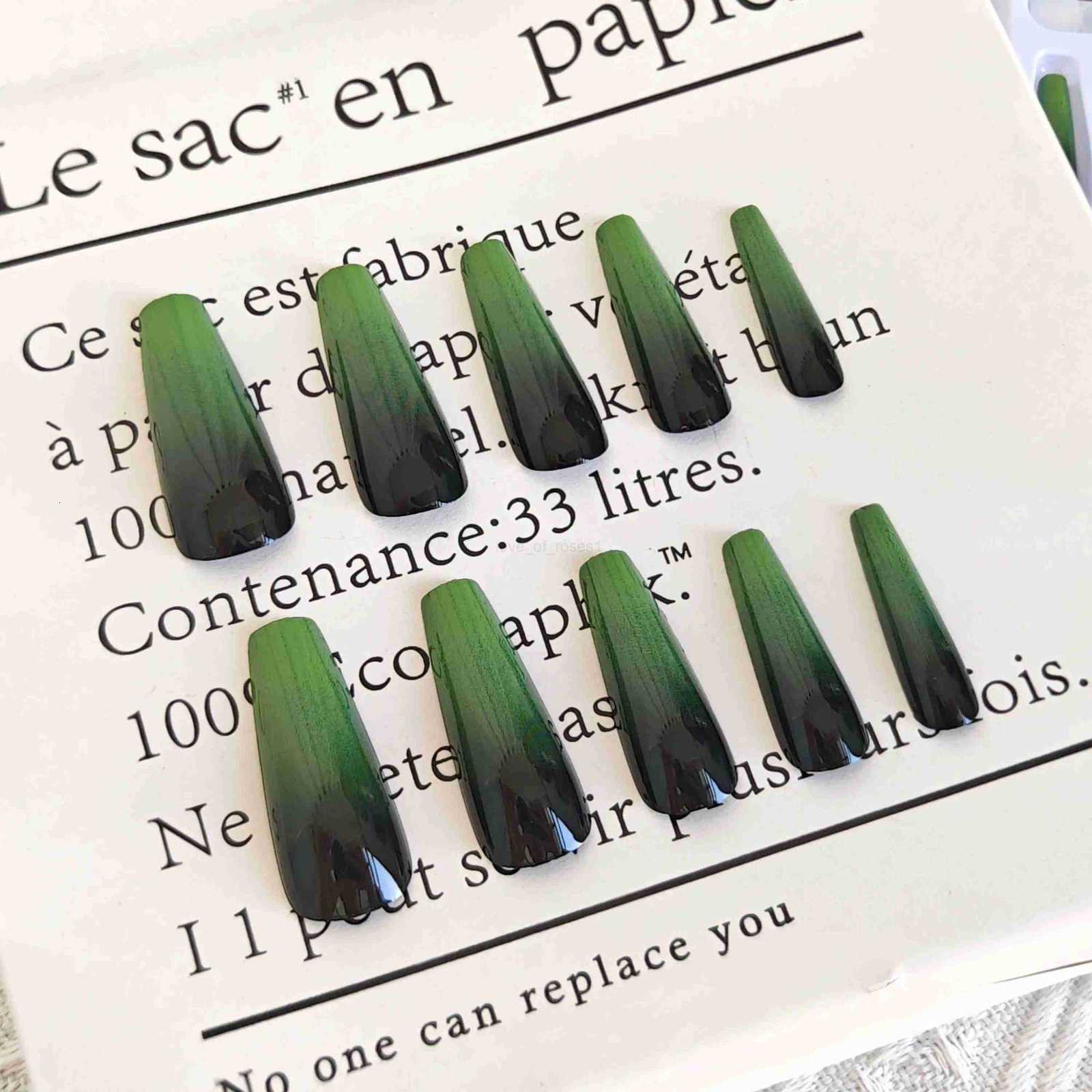24pcs Vintage Green Nails Ombre Ballet Press-Ons Elongating Effect Long Length Mix Sizes Fake Nails Set For Women Z250807