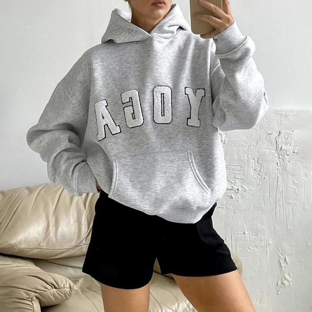 2025 Fashion Casual Gray Embroidered YOGA Letters Solid Color Printing Versatile Loose Sports Hooded Sweatshirt For Women 250806