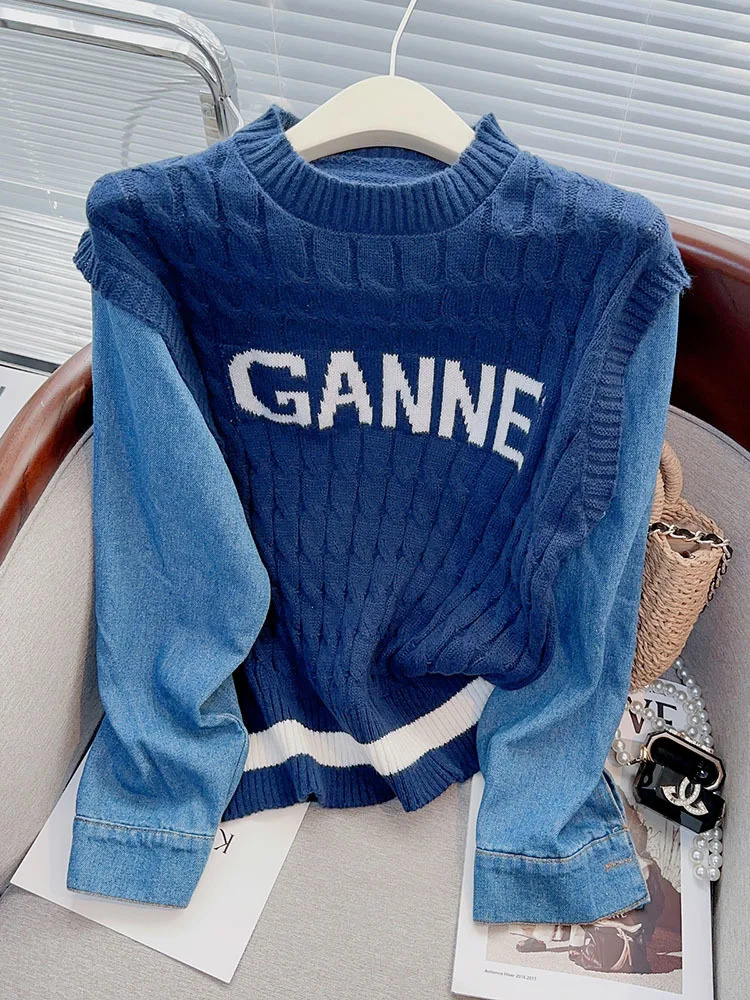 Denim Patchwork Sleeves Sweater Womens Autumn Spring Loose Korean Version Letter Ins Casual 250728