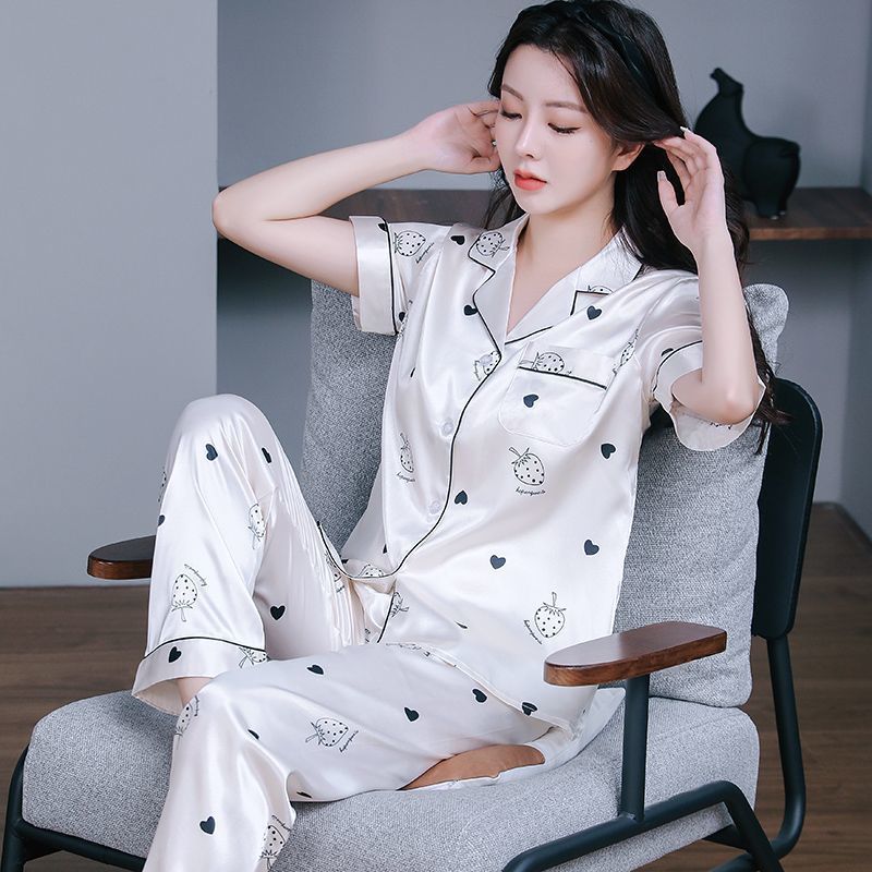 Y27-Summer women's ice silk two-piece pajamas women's summer short-sleeved silk thin home clothes spring and autumn