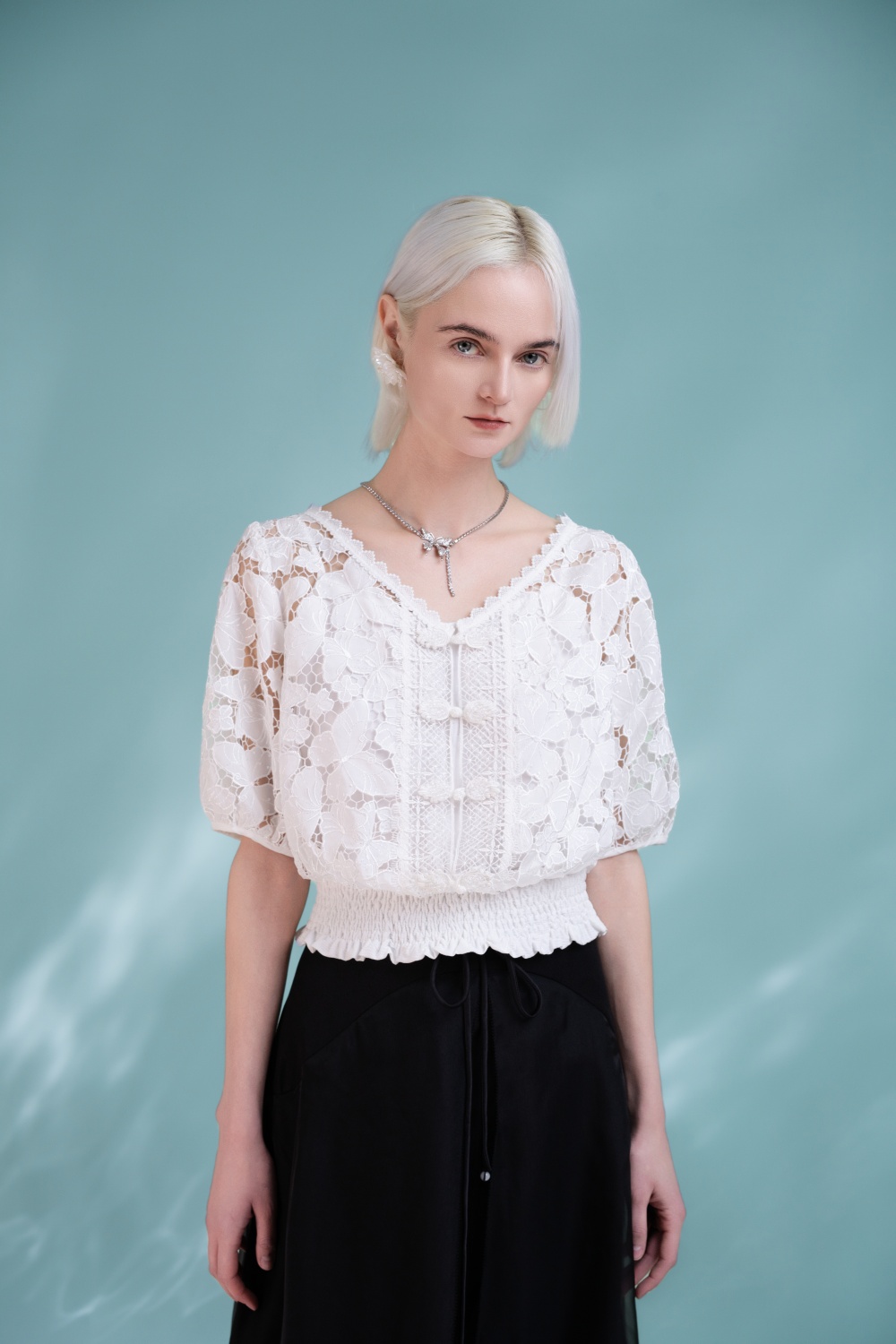 Women's Summer Tops 2025 Dressy Casual Short Sleeves V Neck Buttons Hollow Out Lace Embroidered Blouses Shirts 6112531