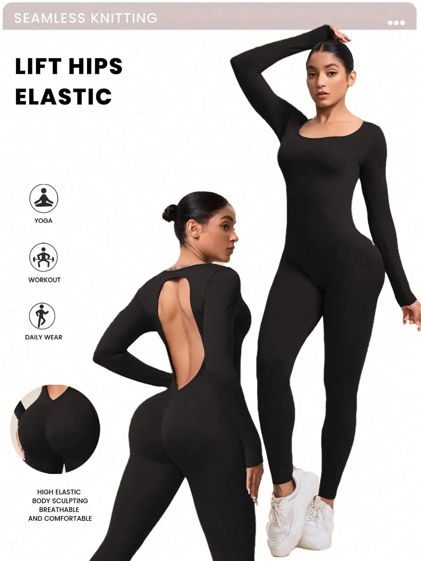 Women Jumpsuits Long Sleeve Sexy Backless Bodycon Rompers Scrunch Butt V Back Playsuit Workout Bodysuit 250807