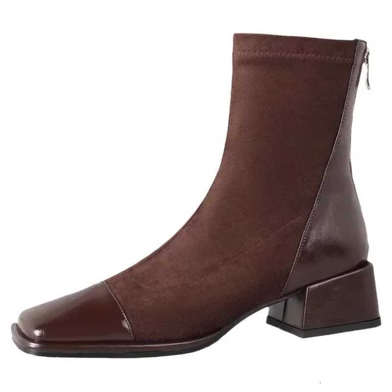 Women Fi Square Toe Chunky Heel Short Boots New Autumn Winter Elastic Skinny High Heels Shoes Womens Shoes XJ250807