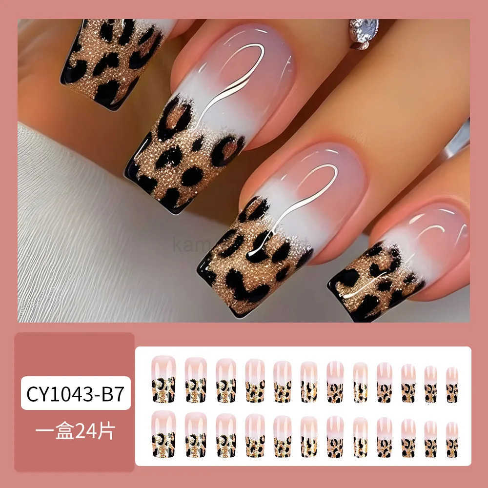 24pcs Luxe Fashion Press-On Nails Set - Long Square Glossy Finish with Leopard Print French Design - Perfect for Women and Girls M250807