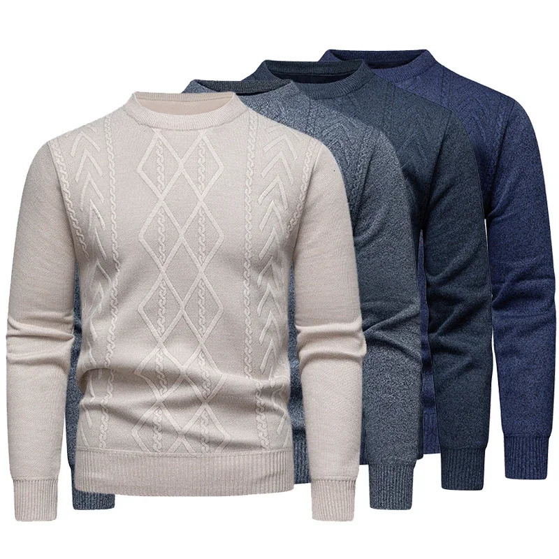 Mens Casual Sweater Round Neck Long Sleeve Knitted Diamond Pattern Fashion Versatile Top 250807