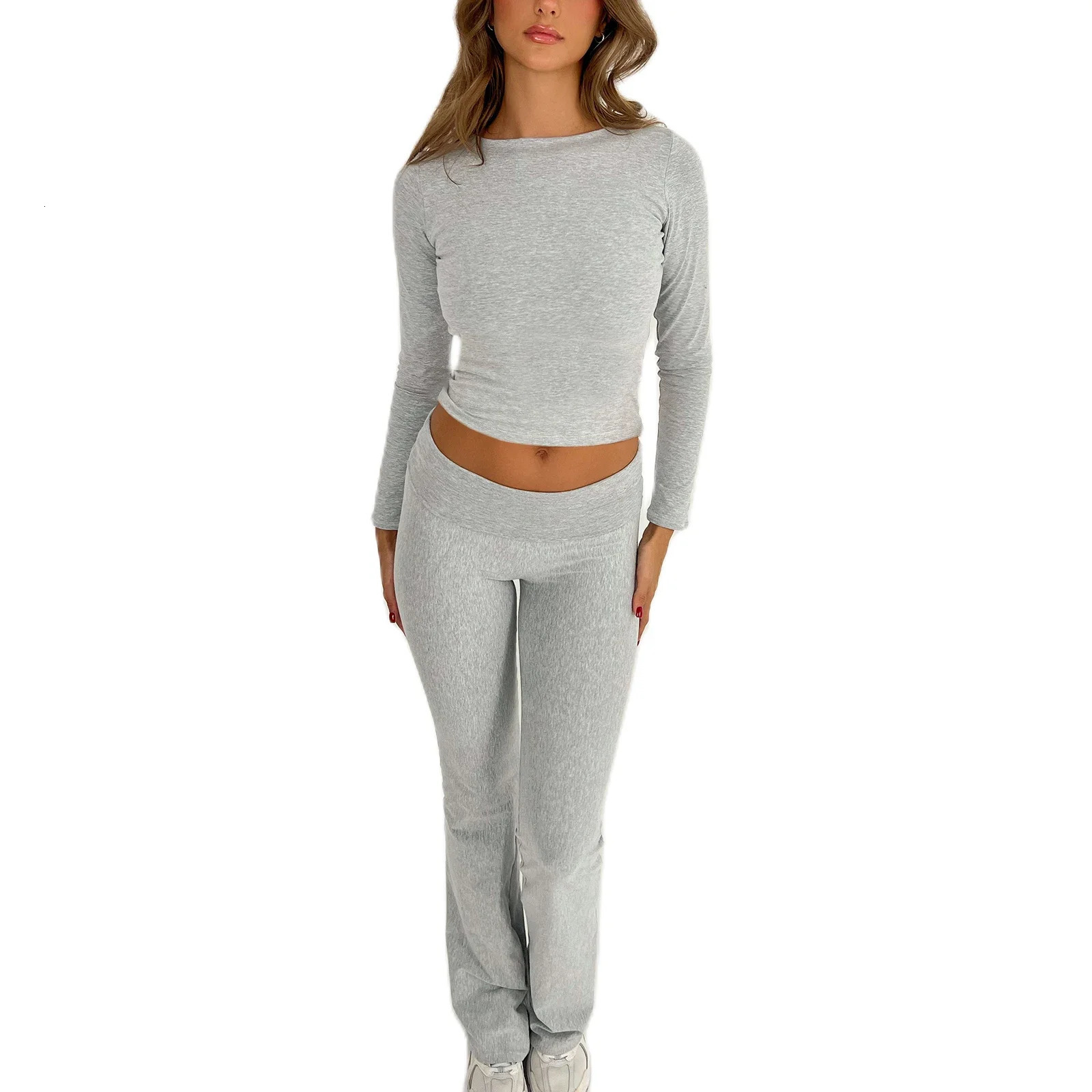 Imcute Womens Basic Two Piece Outfits Long Sleeve Crop Top Fold Over Leggings Flare Pants Set Matching 2 Piece Lounge Sets 250807