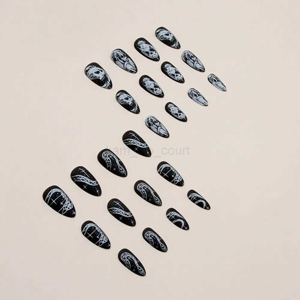 24pcs Full Cover Halloween Skull Fake Nails Detachable Wearable Press on Nails Long Length Frosted False Nails for Women and Girls M250807
