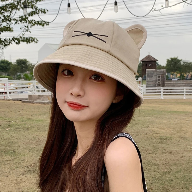 Korean Cartoon Cat Ear Bucket Hat Spring Summer Kawaii Beach Tour Sun Visor Hats Wide Brim Y2K Cotton Panama Cap 250805