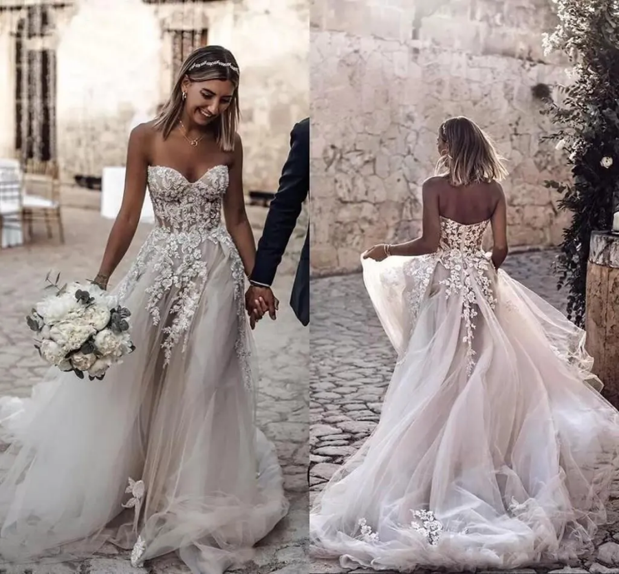 Summer Bohemian Country Style 3D Floral Appliques A-Line Wedding Dresses Bohemian Bridal Gowns for Brides robe de mariee