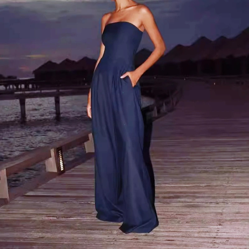 Solid Backless Jumpsuit Off Shoulder Waist Cinching Pockets Wide Leg Pants Lady Bodysuit Summer Female Outwears 250807