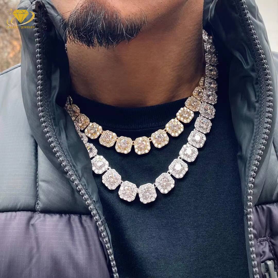 Silver Jewelry Moissanite 10mm Square Diamond Clustered Tennis Chain Necklace MenS Big Moissanite Cluster Tennis Chain