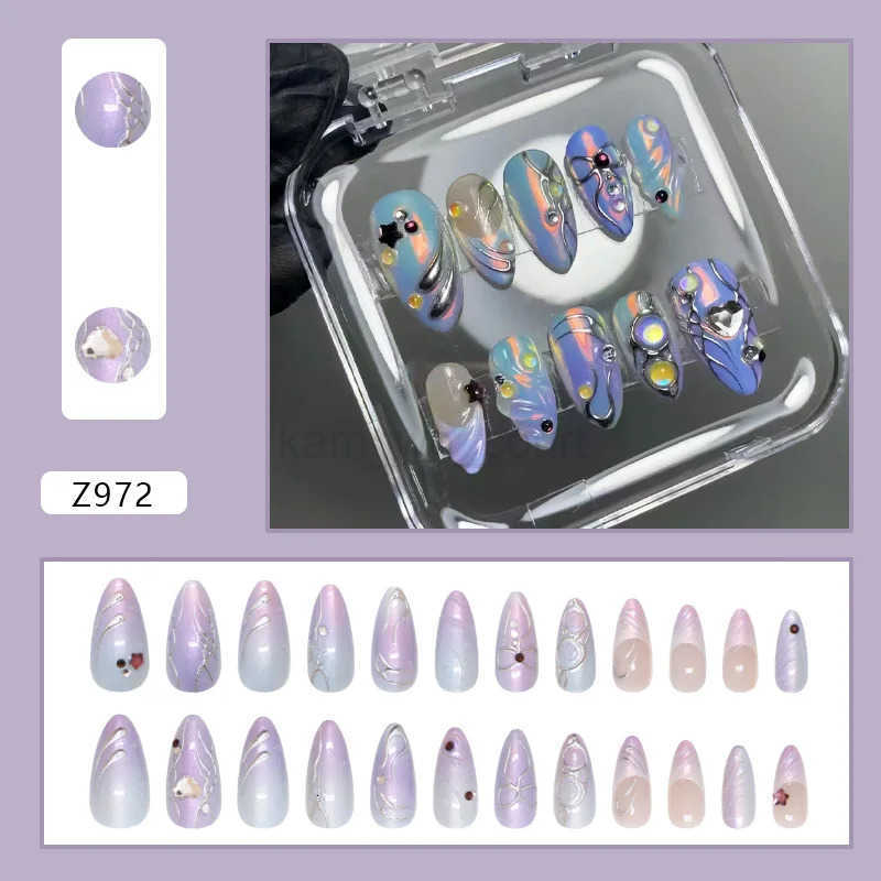 24pcs Colorful Aurora Fake Nail Press On Acrylic Nails Long Almond Wearable Cyber French False Nails 3D Silver Stripe Decoration M250807