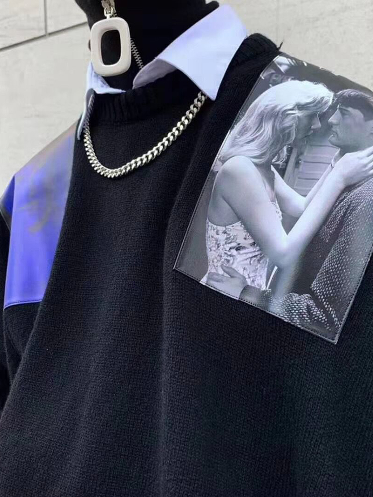 Men's Sweaters Randy Raf Style Patch Wool Sweater Knitwear High Street Loose Lazy Niche Design American Style