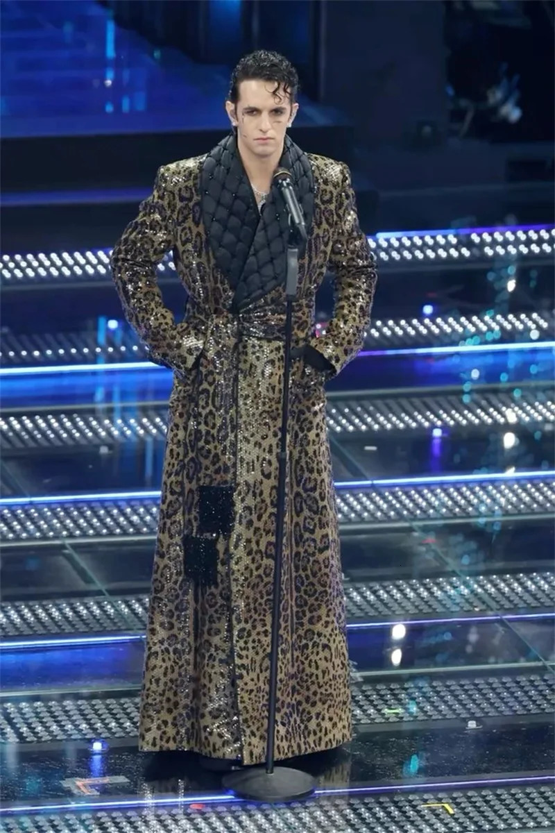 leopard Print Men Suits 1 Piece Long Blazer Overcoat Shiny Sequins Wedding Tuxedo Formal Office Groom Prom Jacket Belt Coat 250807