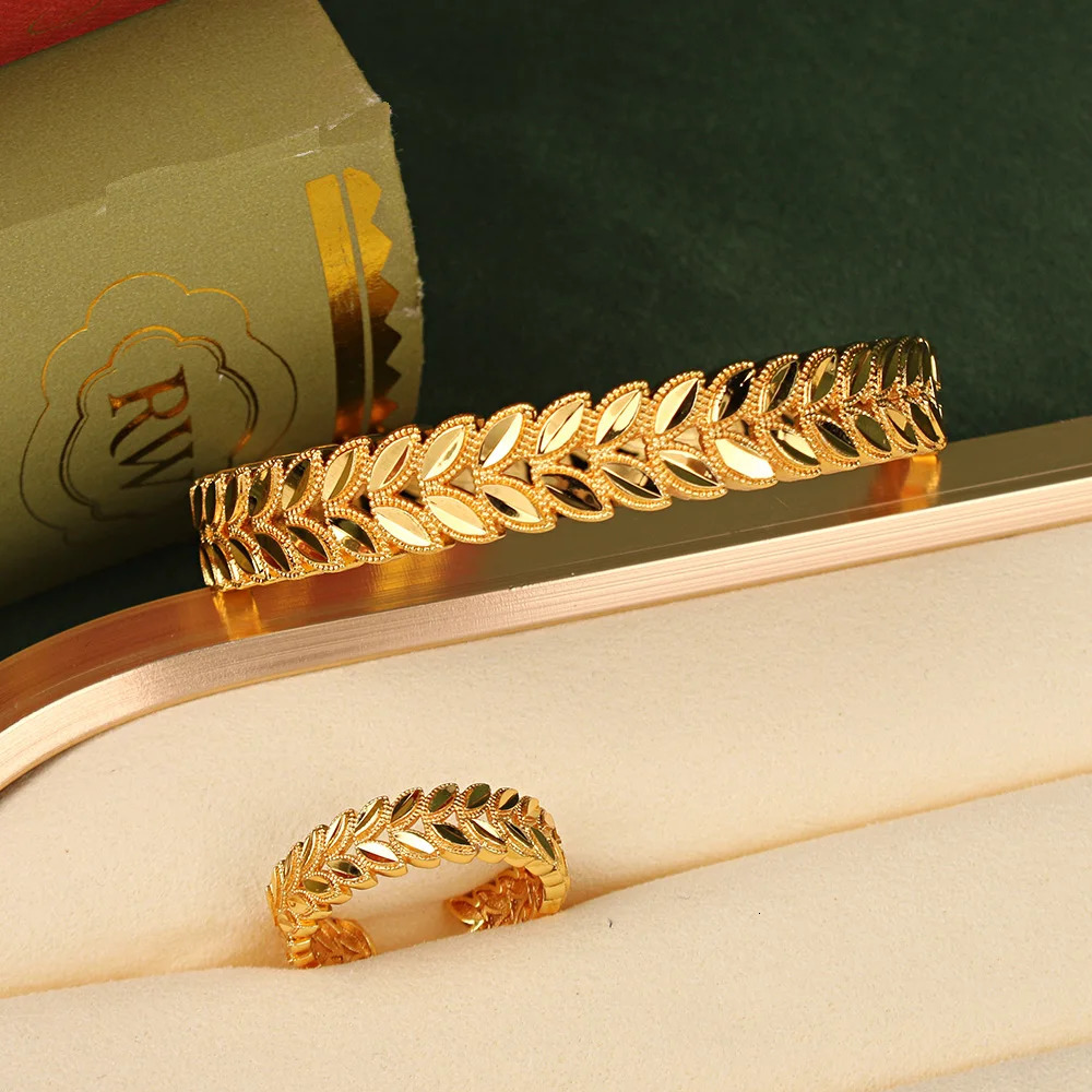 Trendy Copper Gold Plated Jewelry Bangles with Ring Leaves n Cuff Bracelet Dubai Wedding Jewery Graduation Gifts for Girl 250805