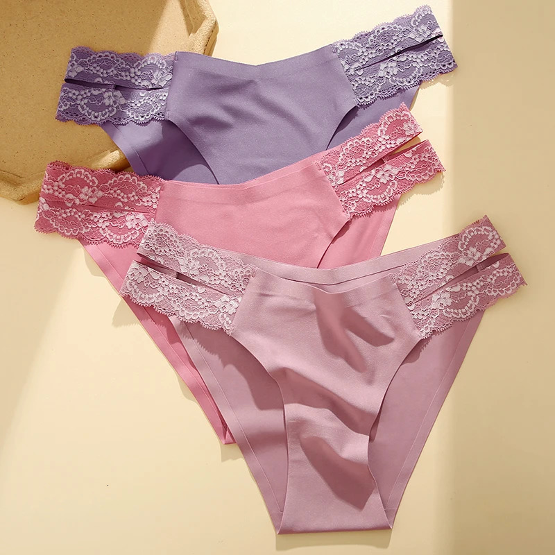 3PCS Sexy Women Seamless Panties Lace Waist Band aist Briefs Traceless Female Underwear Solid Color Breathable Soft Lingerie 250807