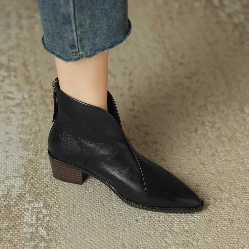 Women Pointy Brown Ankle Boots High Heels Shoes Woman Vintage Chelsea Boots Autumn PU Leather Femme Mid-heel Stubby Ankle Boots XJ250807
