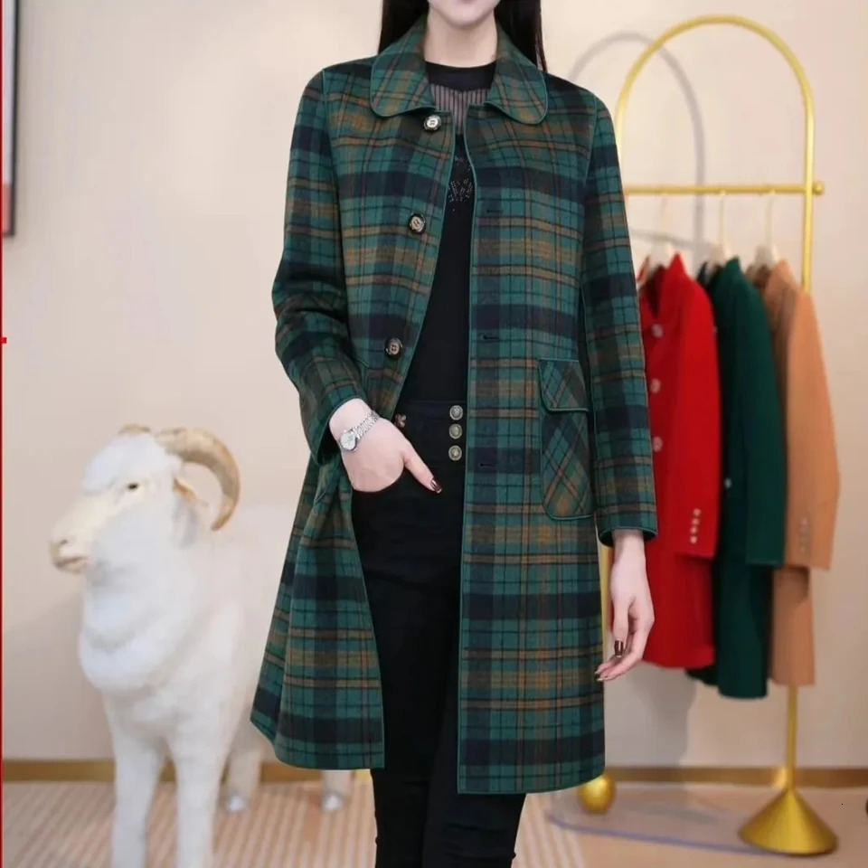 Long Women Double Sided Cashmere Woolen Coat Autumn Winter Middle Aged Mother Both Sides Wear Plaid Wool Jacket Windbreaker 5XL 250805