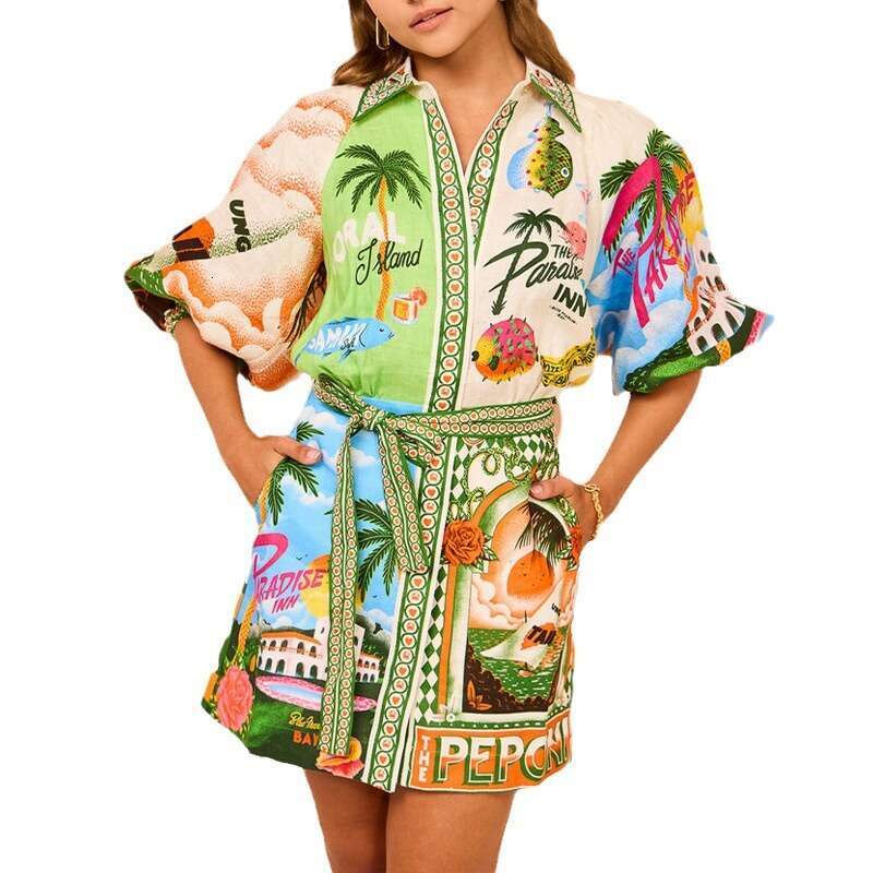 Women's Casual Fashion Printed Shirt Cardigan Short Dress B5 h7