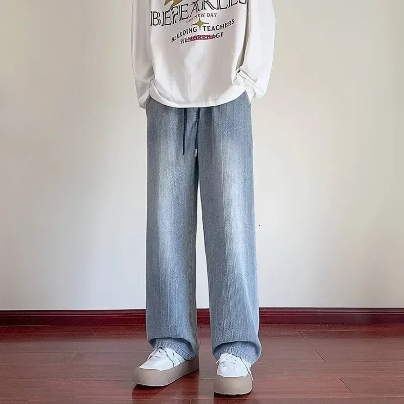 Distressed Vintage Blue Jeans For Men Drawstring Straightleg Denim Pants Y2K Streetwear Washed Baggy Jean Hombre 250807