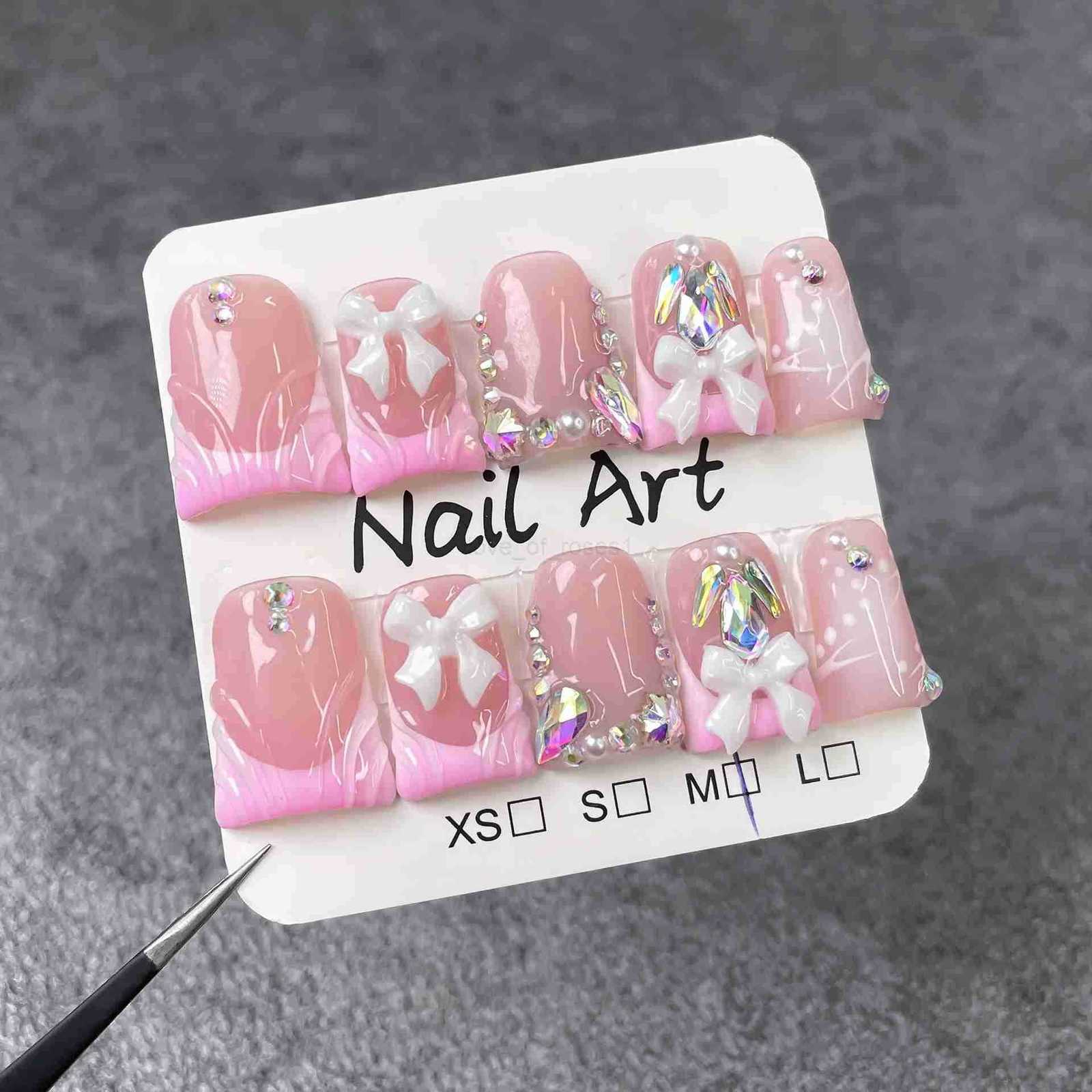 10pcs Sweet White Bowknots Press On Nails Pink French Style Glitter Diamond Pearl Decor Handmade False Nails Blush Duckbill Nails Z250807
