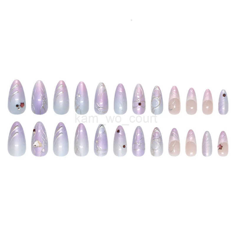 24pcs Colorful Aurora Fake Nail Press On Acrylic Nails Long Almond Wearable Cyber French False Nails 3D Silver Stripe Decoration M250807