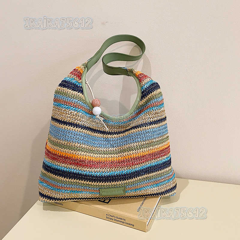 2024 Summer New Simple Straw Woven Handbag Striped Color-block Fashion Large Capacity Shoulder Tote Bag H250806