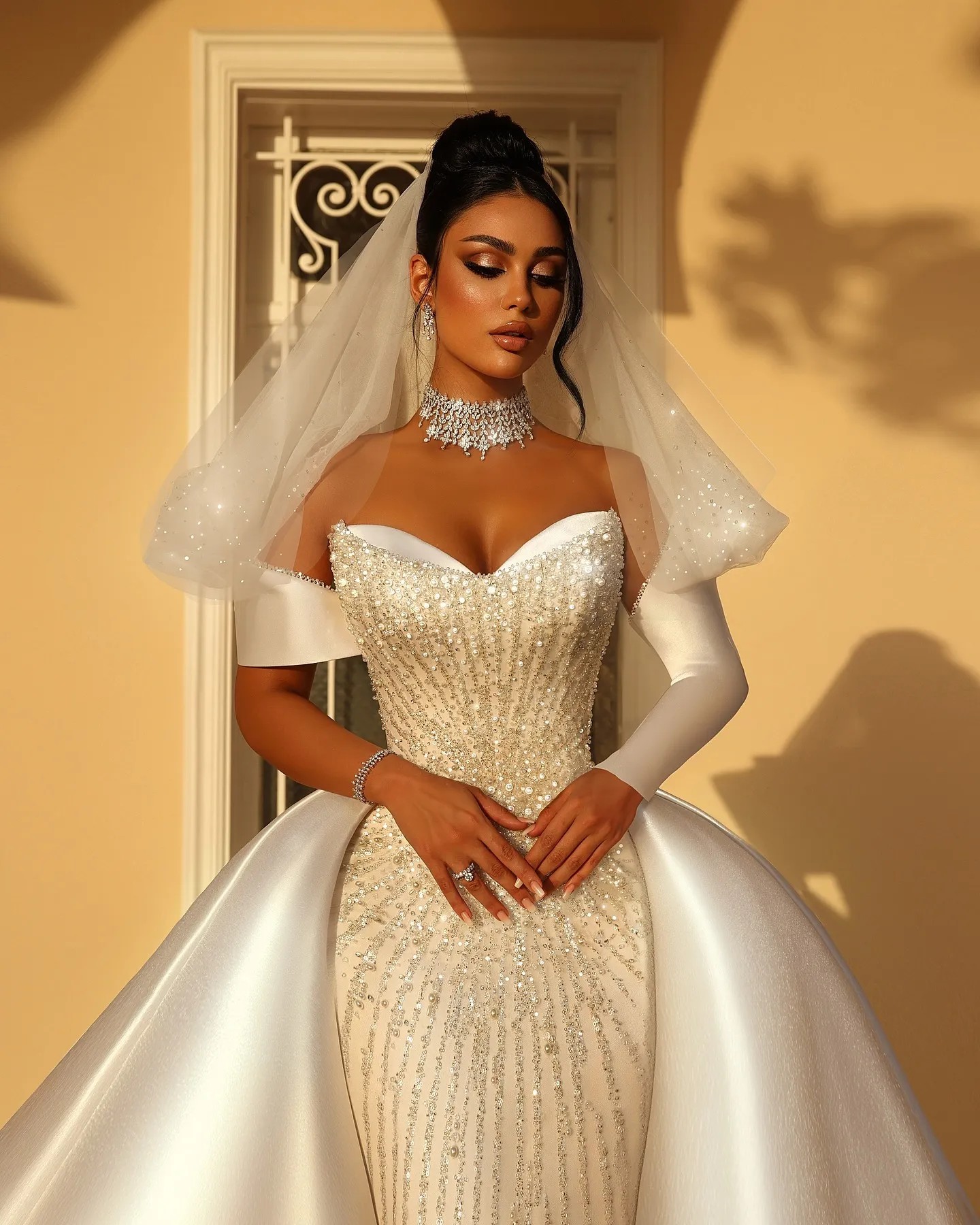 Gorgeous Mermaid Wedding Dresses For Women Sweetheart Long Sleeves Bridal Gown Sequins Crystal Detachable Train Dress