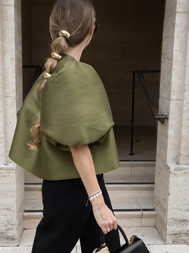 Spring Summer Womens Fashion Casual Shirt Satin Bubble Sleeves Round Neck Loose Short Top Female Elegant Solid Blouses 250806