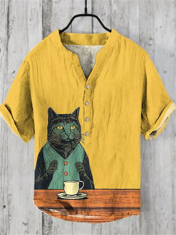 Hawaii Retro Art Pattern Printed mens 2025 Short Sleeved Linen Button Up Shirt European And American Top 250807